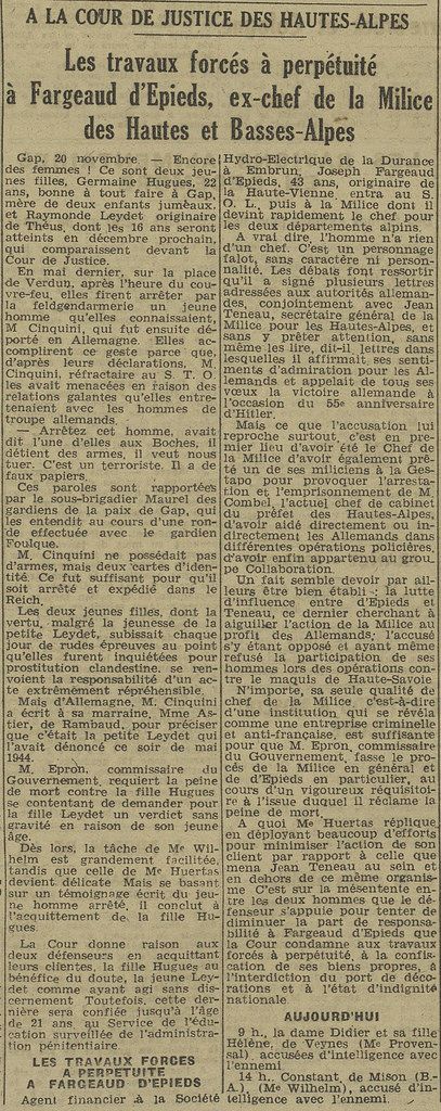 Article sur l'épuration dans les Alpes du Sud, 20 novembre 1944 / Archives départementales des Hautes-Alpes