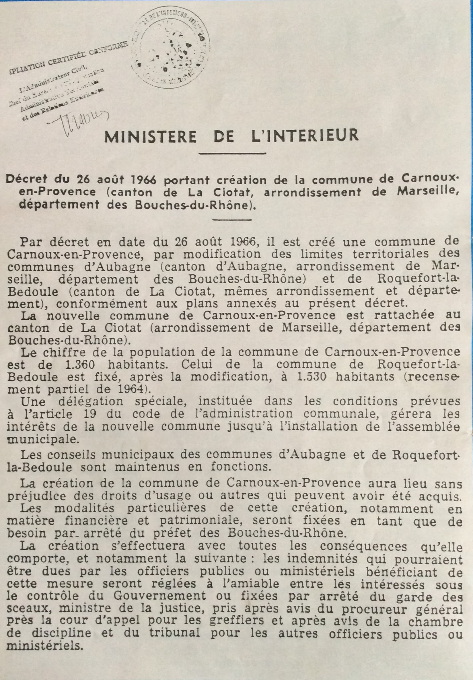 Le décret de création de Carnoux-en-Provence, daté du 26 août 1966 / Archives