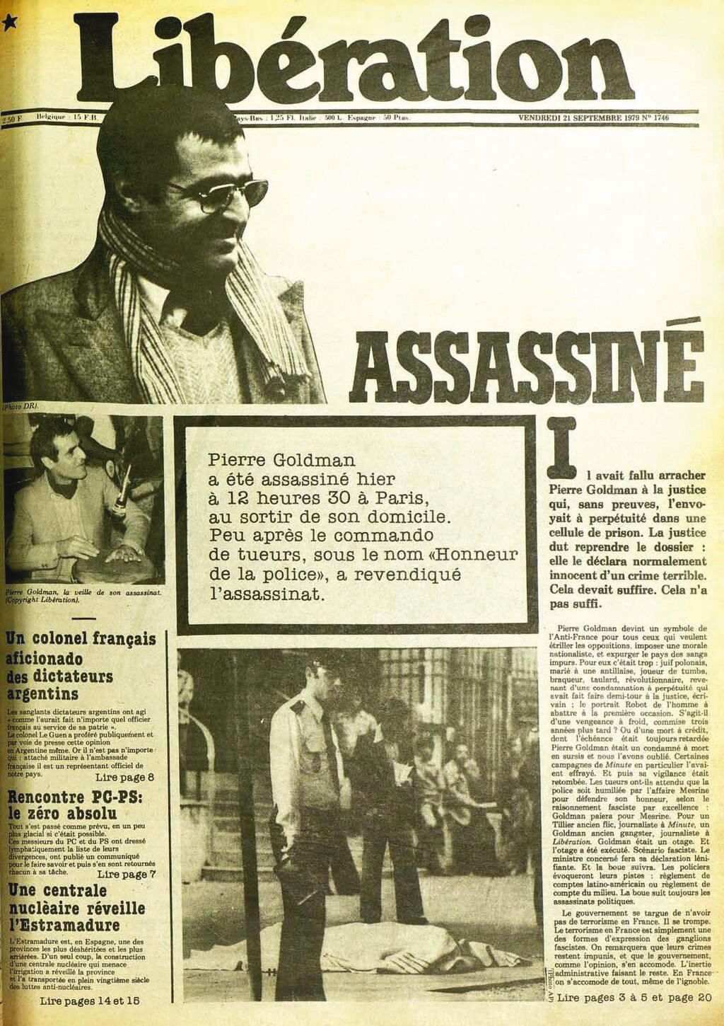21 septembre 1979, la première page de "Libération", journal qui publiait des articles de Pierre Goldman / Collection Promemo