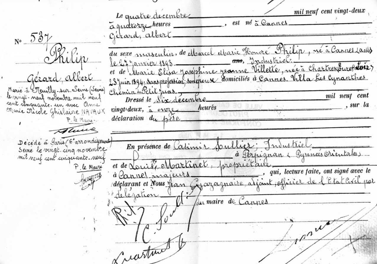 Acte d'Etat-civil de Gérard Philip (par superstition, il ajoutera un "e" en 1942) / Archives municipales de Cannes