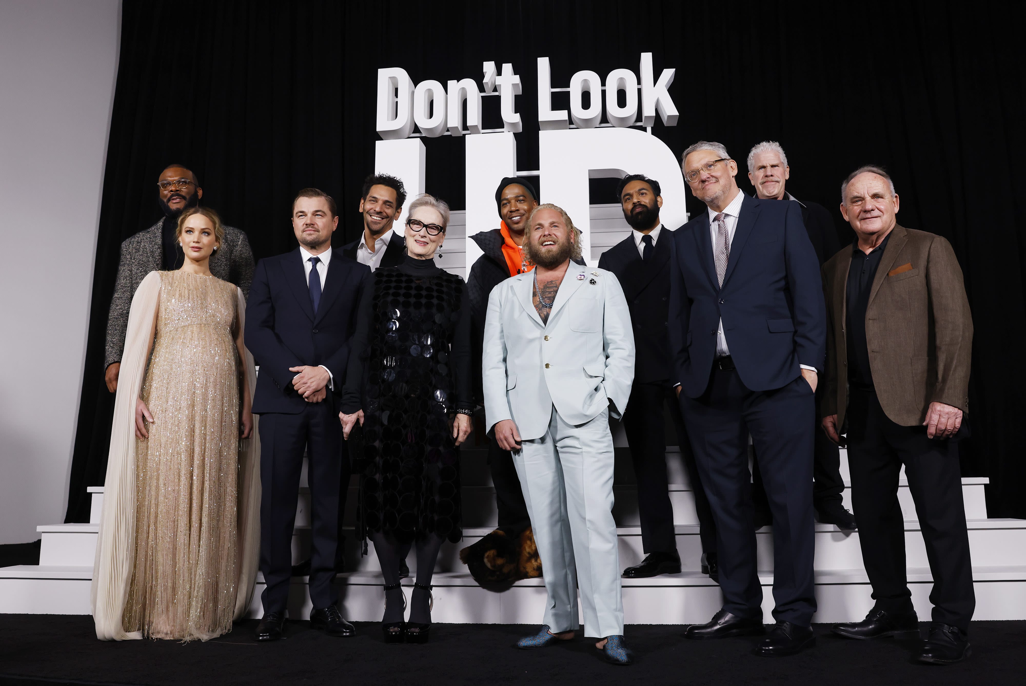 Tyler Perry, Jennifer Lawrence, Leonardo DiCaprio, Jonah Hill, Meryl Streep et le reste de la bande de « Don't Look Up », lors de la première le 5 décembre 2021 à New York City / Photo John Angelillo - UPI - MaxPPP