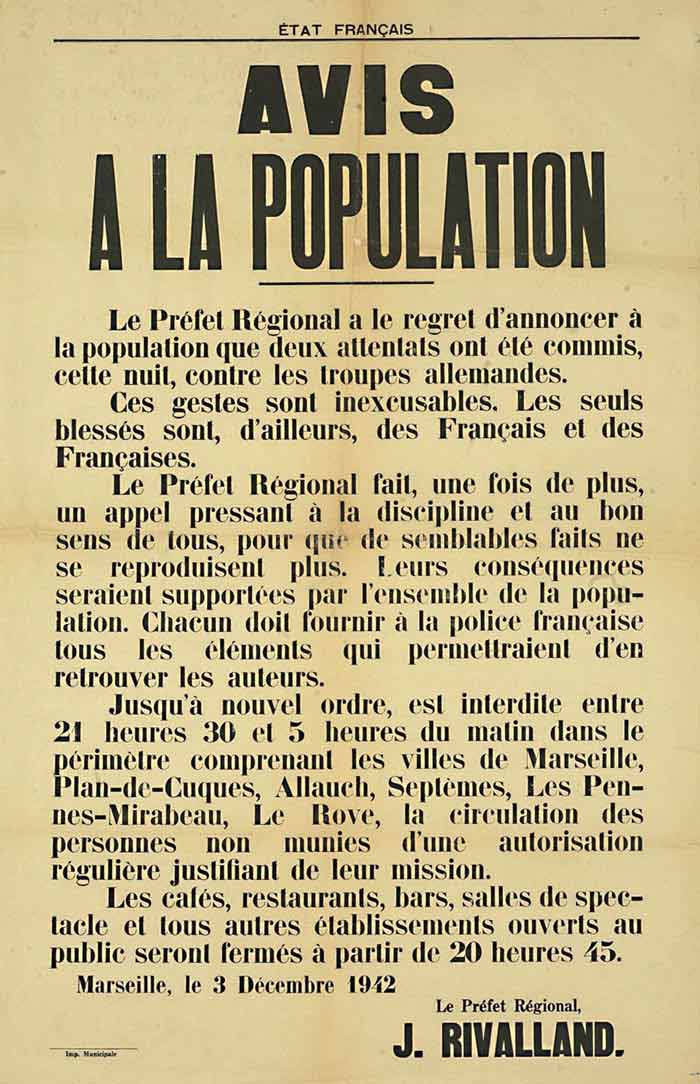 Affiche de la préfecture des Bouches-du-Rhône instaurant le couvre-feu à Marseille, après deux attentats contre les troupes d’occupation / La Provence