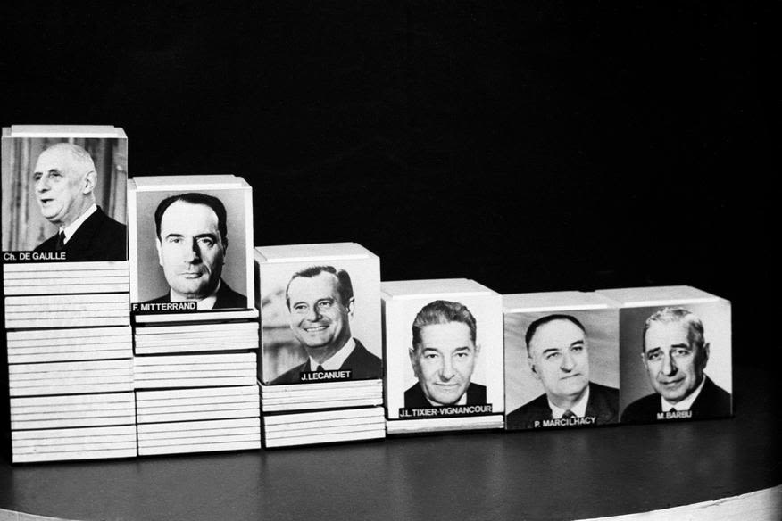 Le 5 décembre 1965, la télévision donne les résultats du premier tour de la présidentielle. En queue de peloton, deux petits candidats : Pierre Marcilhacy et Marcel Barbu / Ina